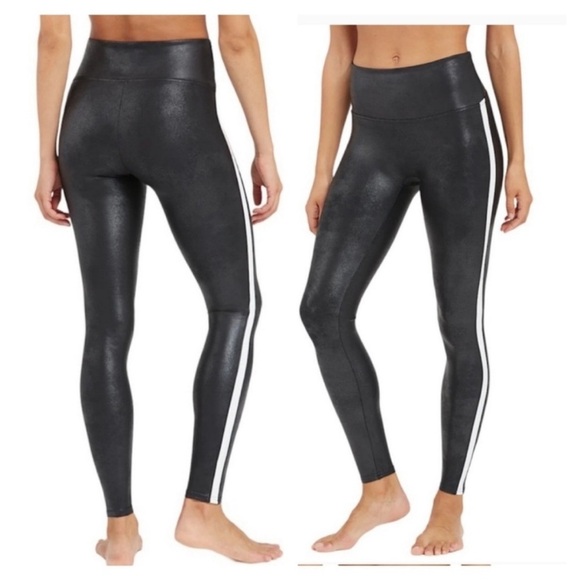 SPANX Faux Leather Leggings Tummy Control With Side Stripe Size M Tuxedo Stripe - Picture 5 of 16